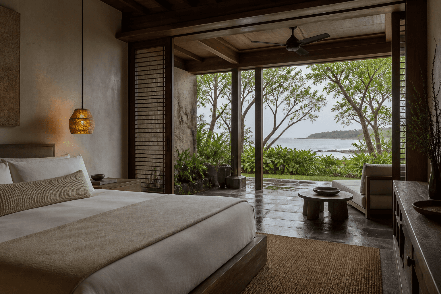 A timber and plaster coastal bedroom opens onto a deep covered terrace after rain.