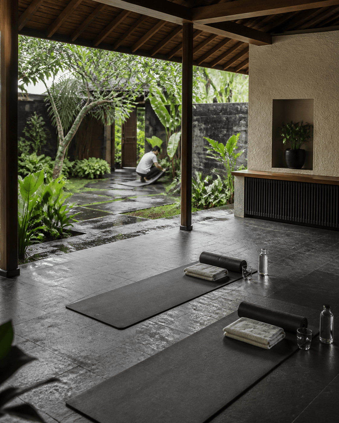 Two mats rest in a sheltered movement pavilion facing a damp tropical garden.