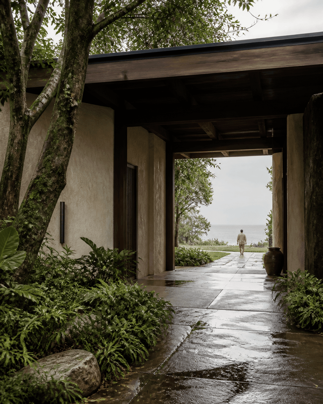 A low timber and plaster threshold opens from a rain-washed grove toward a distant pale coast.
