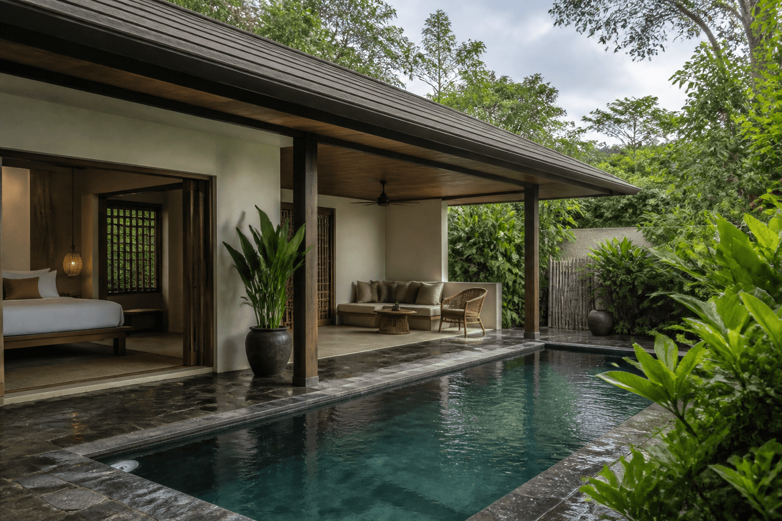 A low-roof pool villa sits within dense rain-washed planting around a modest private plunge pool.