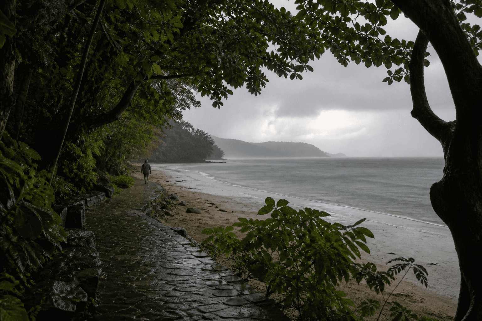 A lone figure follows a wet shaded path beside a long coast as rain passes over the water.