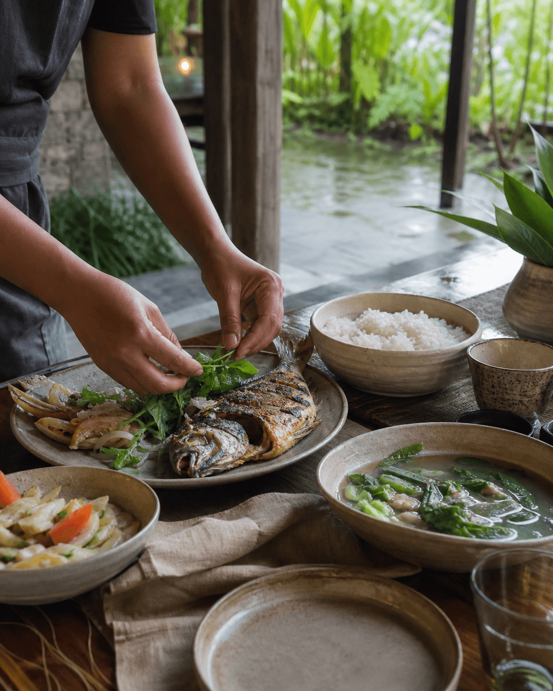 Hands finish a shared coastal meal of grilled fish, rice, vegetables, and broth beside a rain-washed garden.